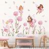 Cartoon Pink Flower Fairy Dandelion Wall Stickers Girl Room Floral Butterfly Wall Decals Bedroom Baby Nursery Kids Home Decor