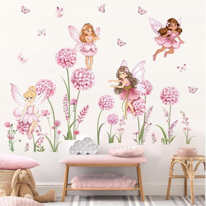 Cartoon Pink Flower Fairy Dandelion Wall Stickers Girl Room Floral Butterfly Wall Decals Bedroom Baby Nursery Kids Home Decor