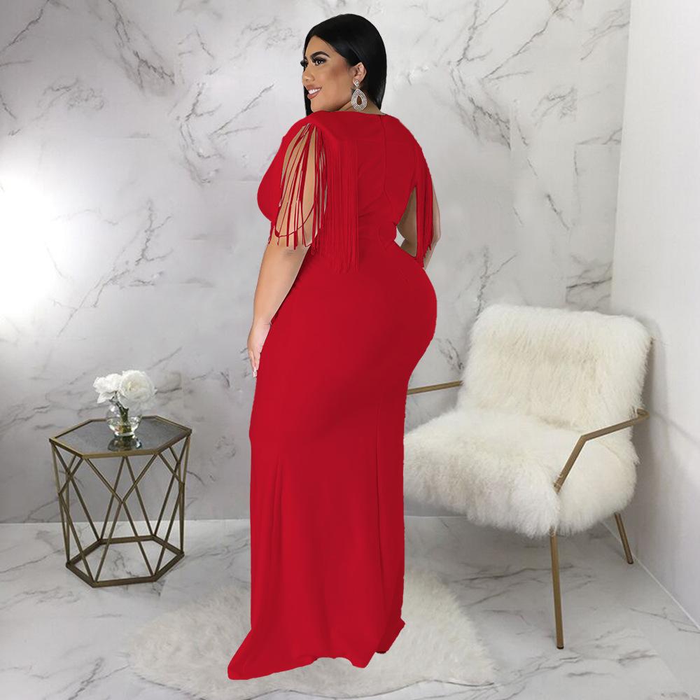 Plus Size Fringe V Neck Maxi Dress Long Sleeve Mermaid Gown Curvy Bodycon Fishtail Long Dress Sexy Tassel Shoulder Evening Party Formal Wedding Gown