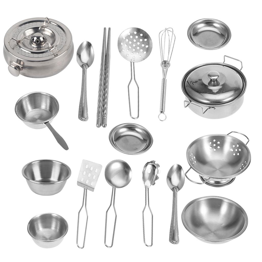 18PCS Kitchen Toys Stainless Steel Cookware Cooking Utensils Pan Toys Set for Children
