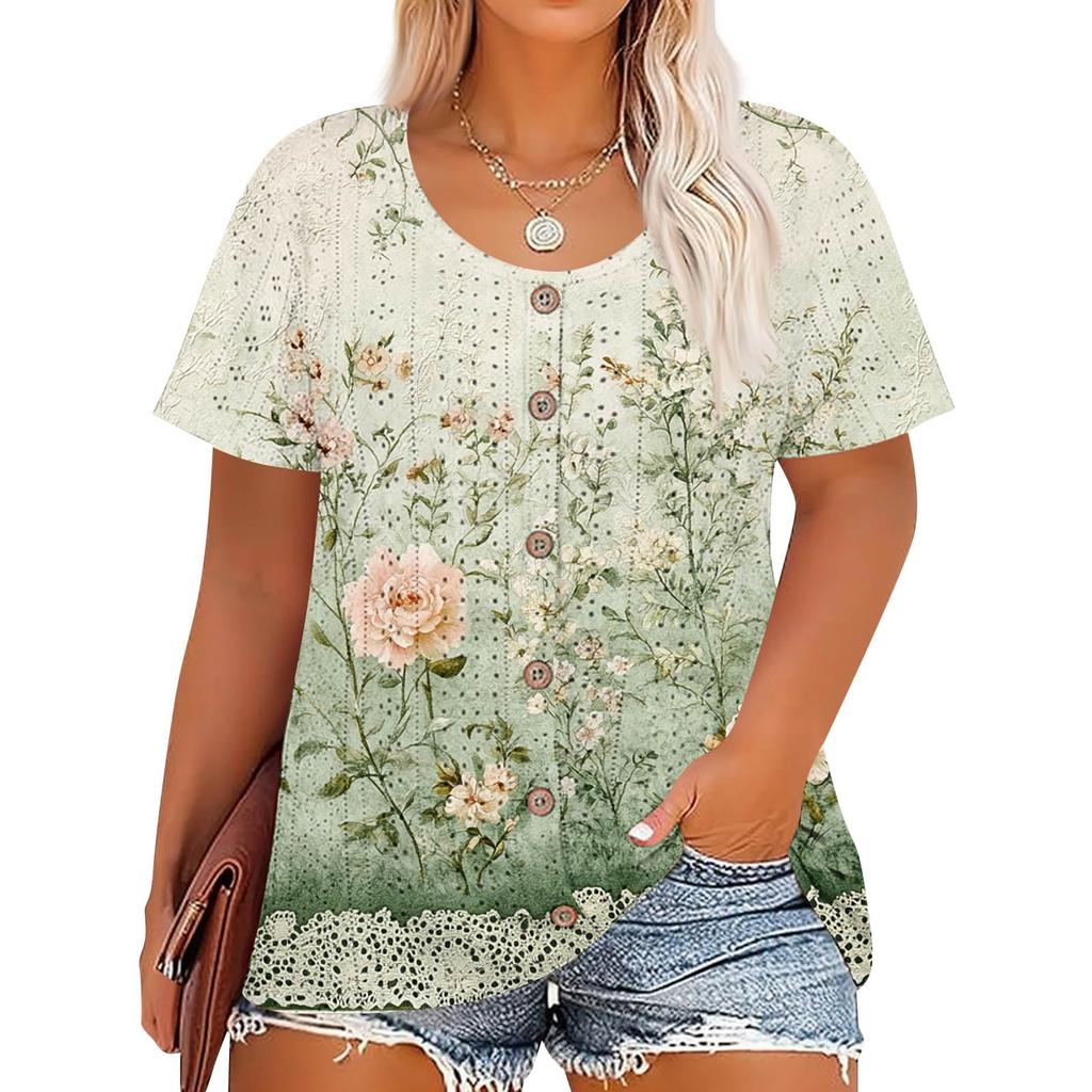 Plus Size Women's Fashion Casual Vintage Printed O-Neck Short Sleeve Button T-Shirt Top