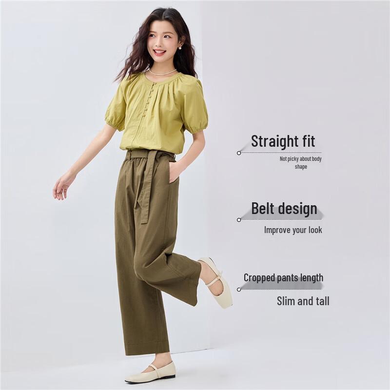 Giordano Women's Cotton Linen Tie-Waist Cropped Wide-Leg Pants