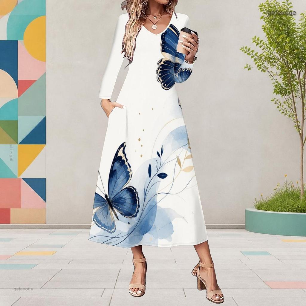 Women Plus Size V Neck Long Sleeve Black Multicolor Printed A Line Midi Dress With Pockets