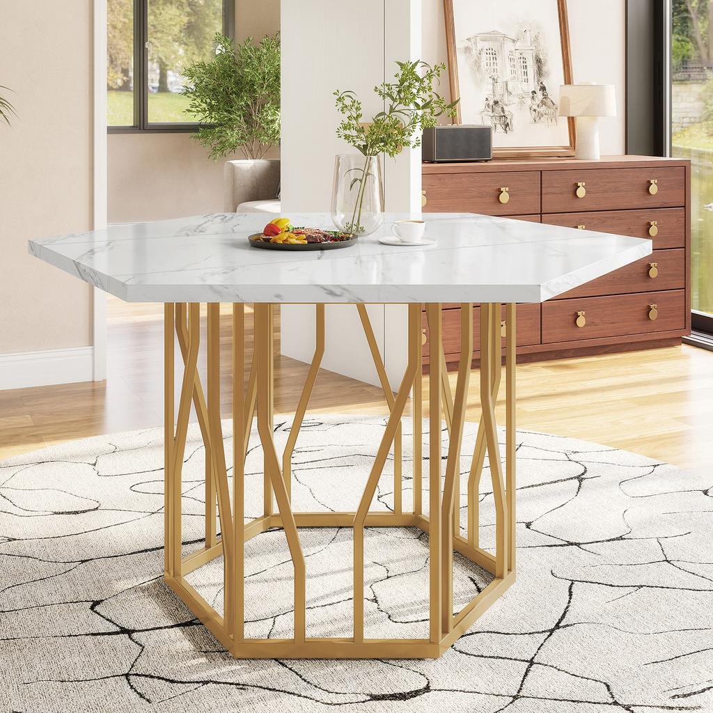 Dining Table and Chair Set (5-Piece Set), Modern Hexagonal Marble Table + 4 Chairs Made of Green Velvet, To Create Warm Restaurant, Gold Table Legs