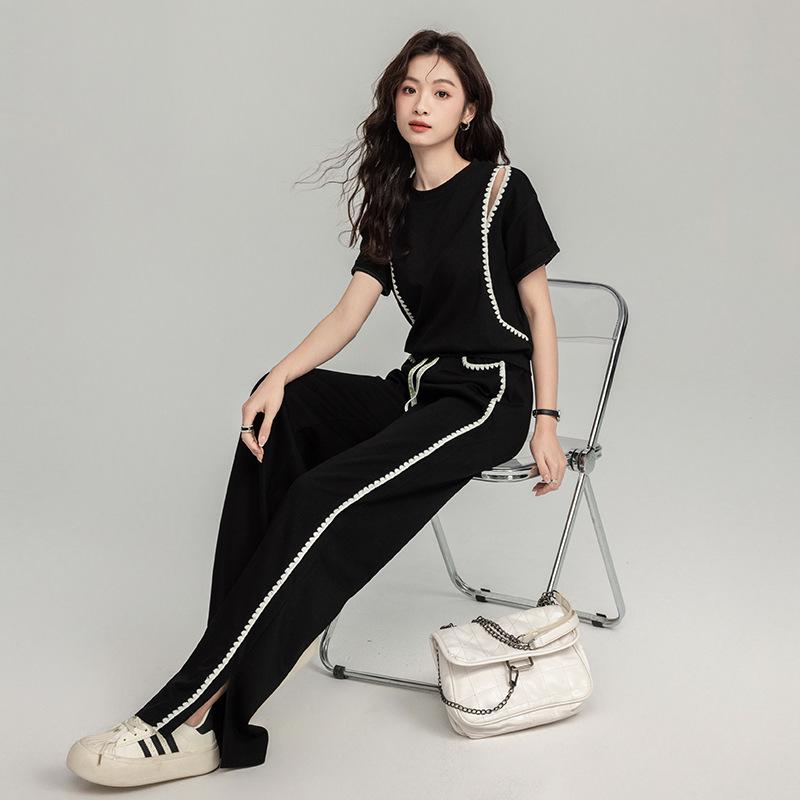 2025 Summer Trendy Sporty Slim Two-Piece Set: Short-Sleeve Top & Wide-Leg Pants