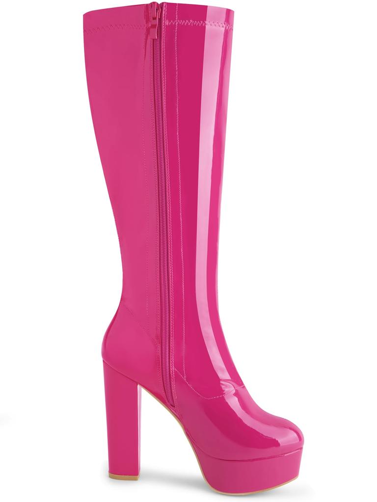 Allegra K Women's Patent Leather Platform Chunky Heel Knee-High Boots, Hot Pink, Size 24.5cm