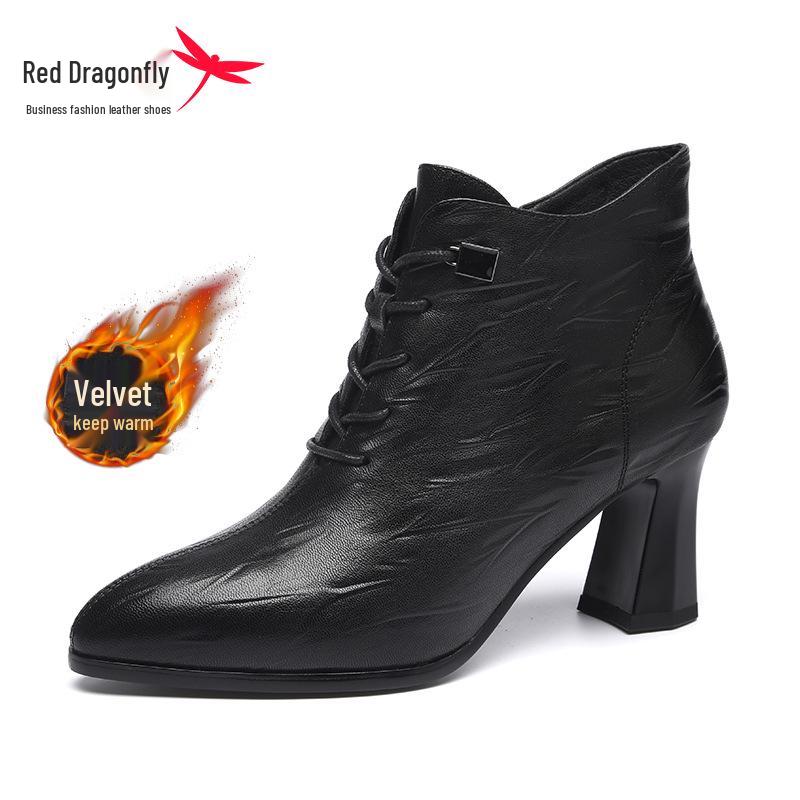 Red Dragonfly Women s Chunky Heel Leather Ankle Boots - High Heel, Sheepskin, Nude, Autumn/Winter Plus Velvet. 40 чёрный