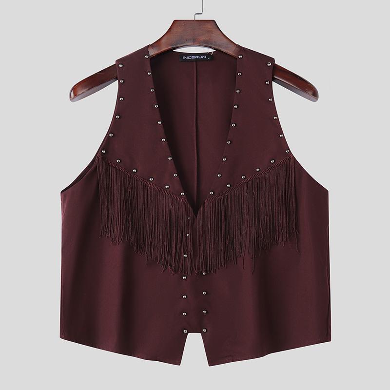 

INCERUN Summer Men V Neck Tassel Decorative Clasp Casual Suede Waistcoat 2XL