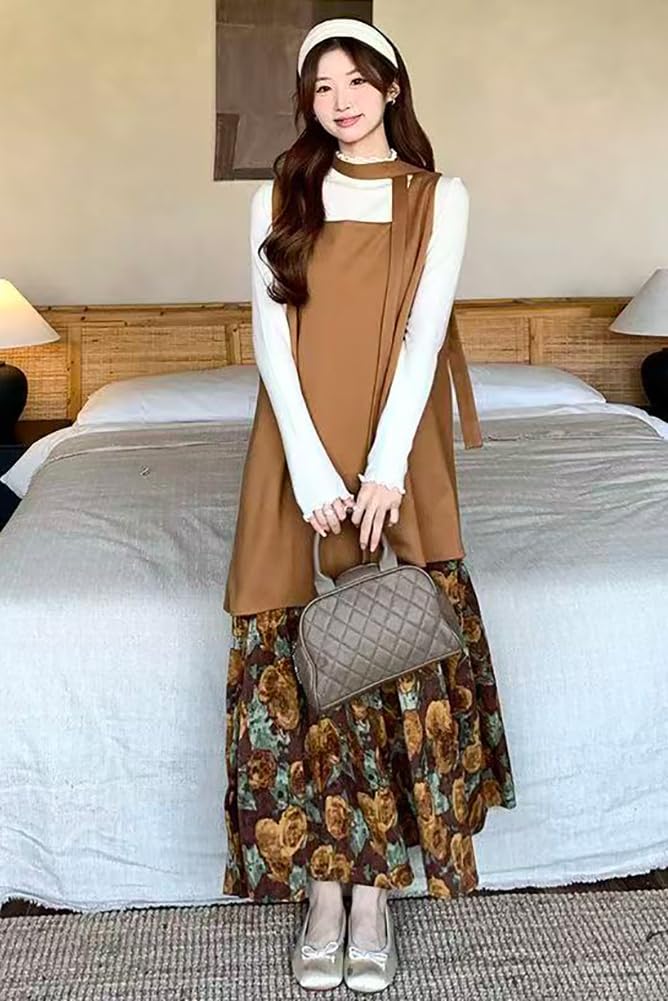 Chubikime Long Dress with Floral Faux Layered Loose and Ribbon Stylish and Feminine for and Women's Two-Piece Print, Design, A-Line, Fit, Detail.