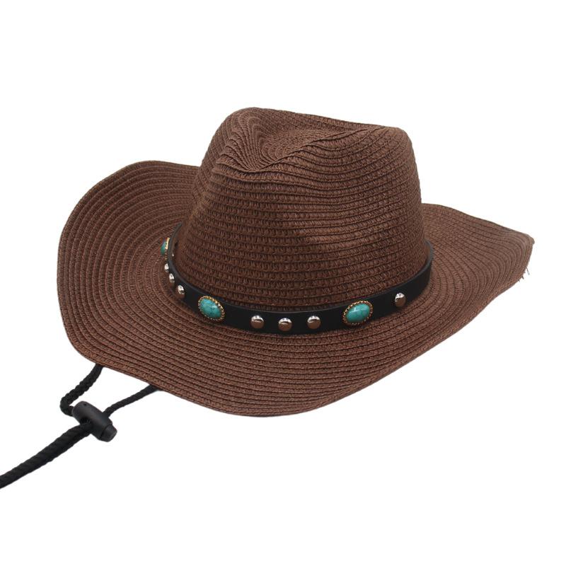

Panama Straw Hat Western Cowboy Men And Women Travel Sunscreen Sunshade Warped Edge Hawaiian Beach Sun Hat One size fits all темно-коричневого кольору