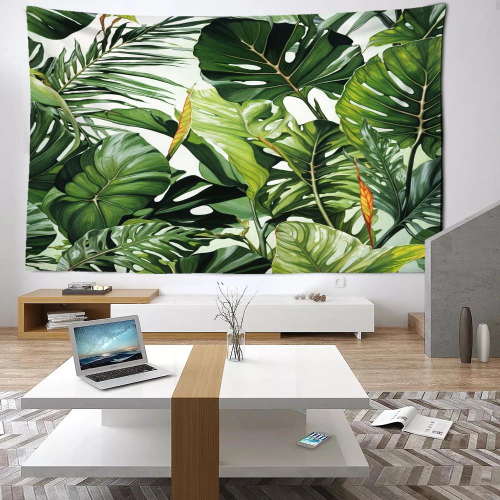 Green Palm Leaf Tapestry Wall Hanging Tropical Plants Simple Art Bohemian Hippie Bedroom Living Room Home Decor
