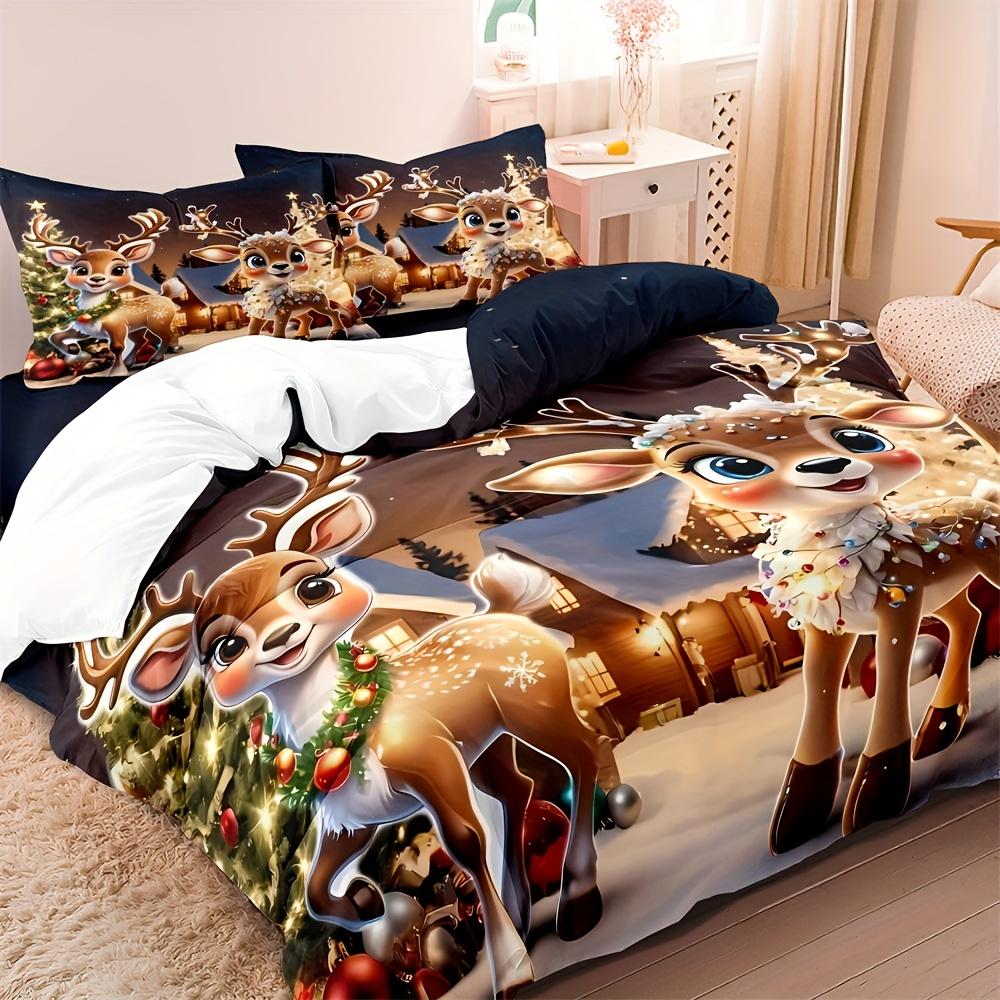 3-teiliges Cartoon Weihnachtsrentier Weihnachtsbaum Bettwäscheset, Winter Weihnachtshirsch Bettbezugset (1 * Bettbezug + 2 * Kissenbezüge