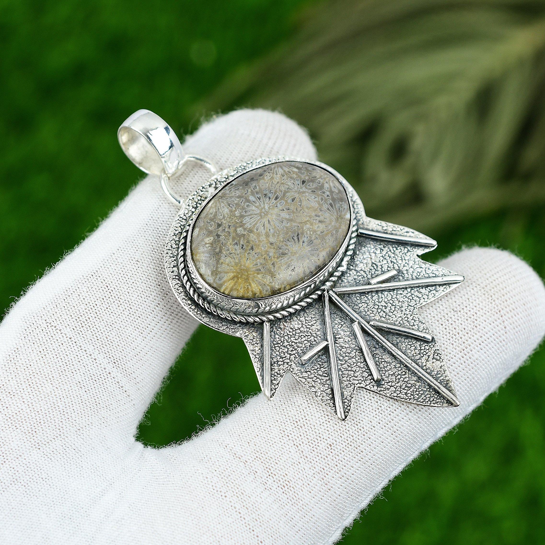 

Натуральный ископаемый коралл драгоценный камень кулон серый стерлинговое серебро 925 пробы индийские украшения