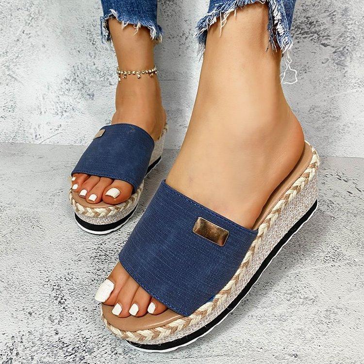 Foreign Trade Large Size Women's Shoes European and American Summer New  Heel Hemp Rope Slippers Women's Thick-soled Cool Slippers Women's Outer Wear