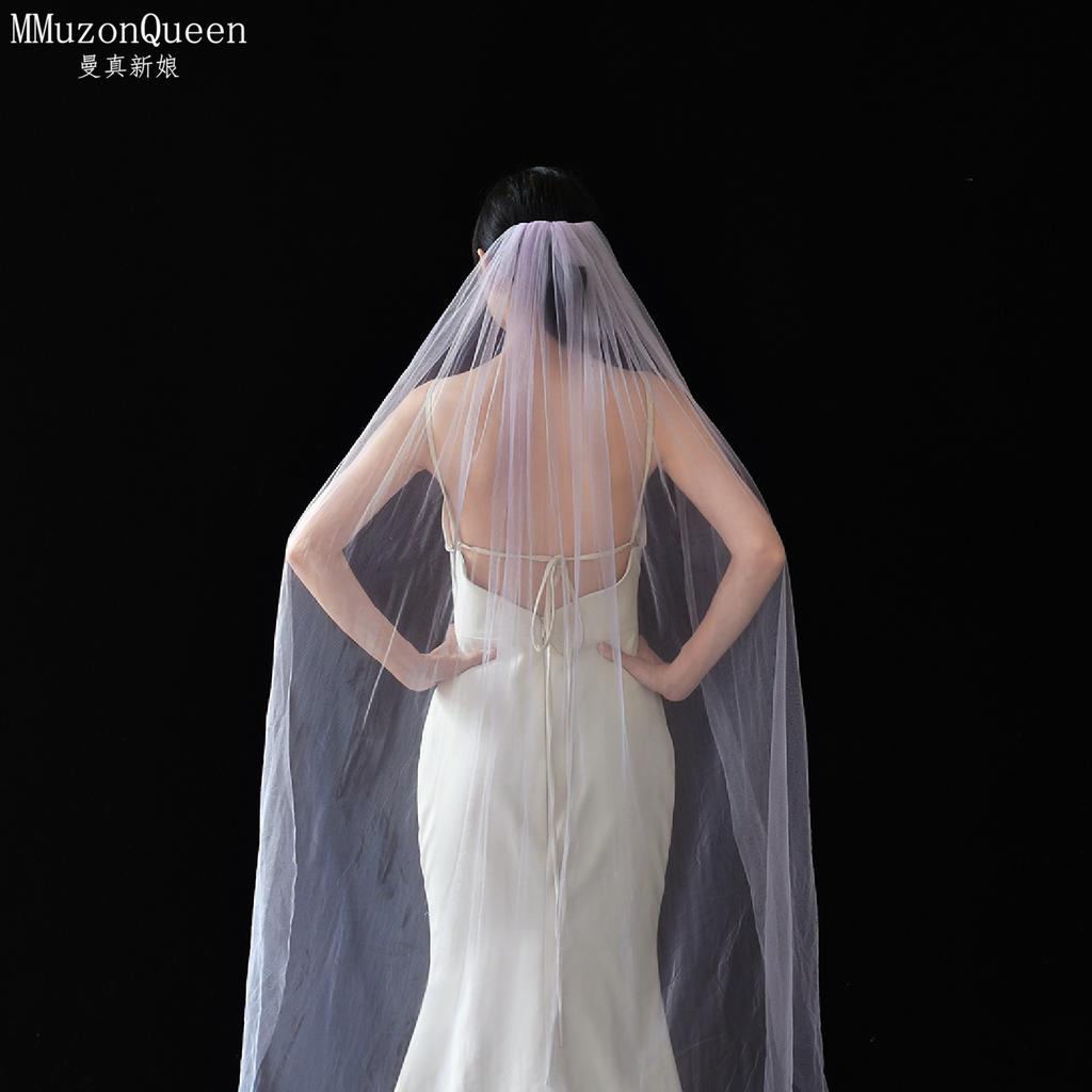 Plain Solid Color Tulle Bridal Veil Single Layer Soft Flowy Simple Wedding Veil White Lavender Light Blue Floor Length Veil For Bride Elopement Shoot