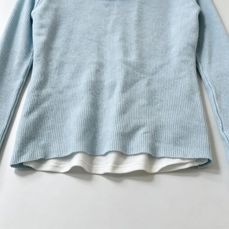 Womens Mock Two-Piece U-Neck Ribbed Knit Top Soft Viscose Long Sleeve Slim Fit Layering Base Shirt Fall
