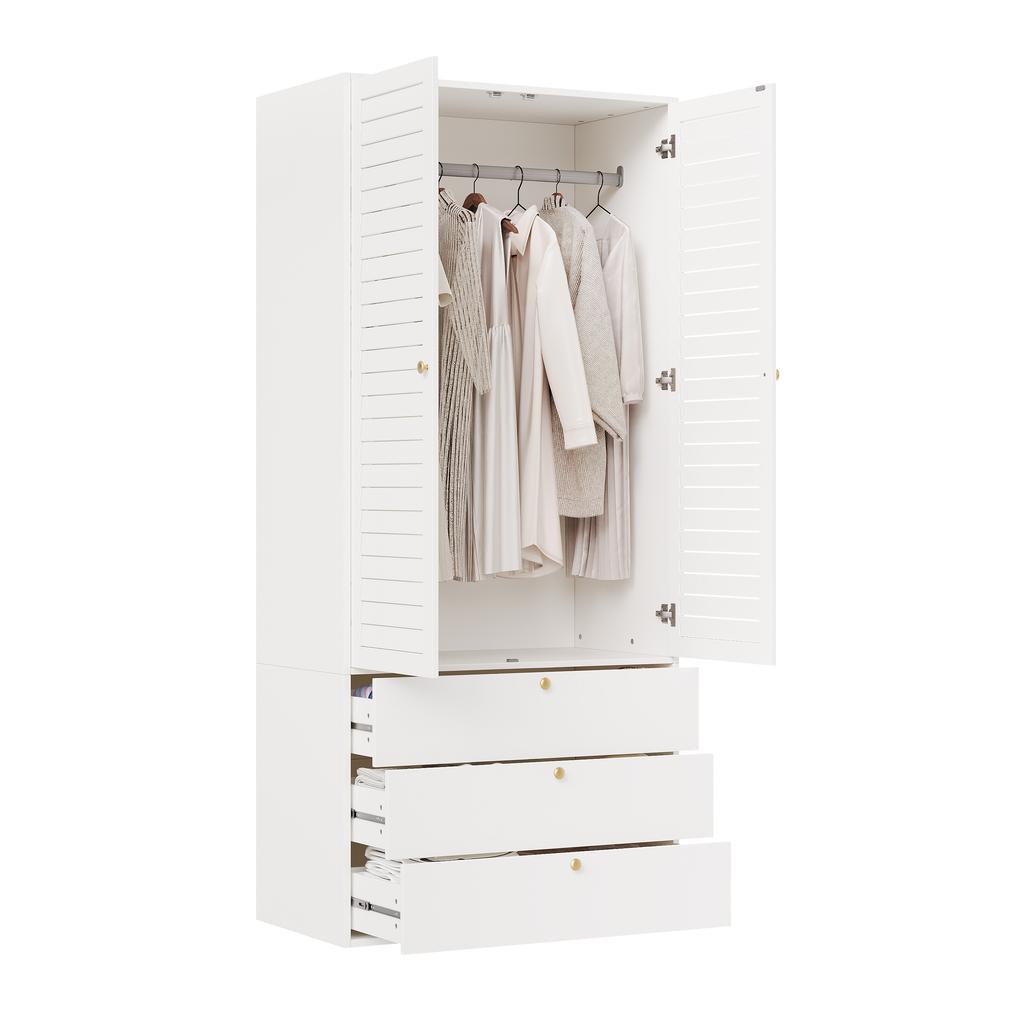 Kleiderschrank mit 2 Türen, elegante Lamellentüren, weiß, 90 x 50 x 200 cm, mit 1 Kleiderstange, 2 Türen und 3 Schubladen, für Schlafzimmer, Kinderzimmer