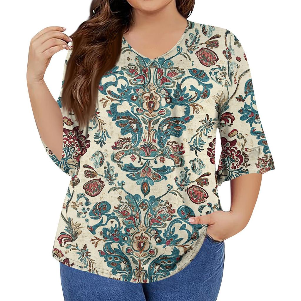Women's Fashion Casual Retro Printed V-Neck Seven-Point Sleeve Ruffle Sleeve T-Shirt Tops Plus Size Women's