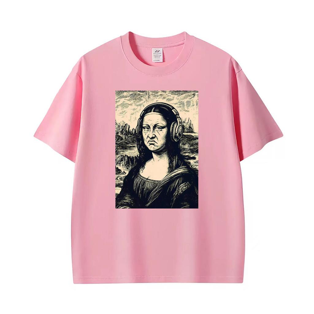 Vintage Mona Lisa Headphones Funny Disgust Face Parody Art T Shirts Unisex Unisex Casual Cotton Fashion T Shirt Short Sleeve Tshirt