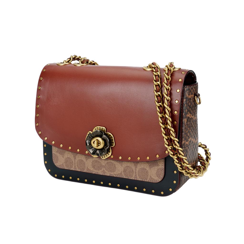 Coach Madison Camellia Metal Buckle Studded Decorated Small Square Bag Women Shoulder Bag Black Multicolor C3758-B4NQ4