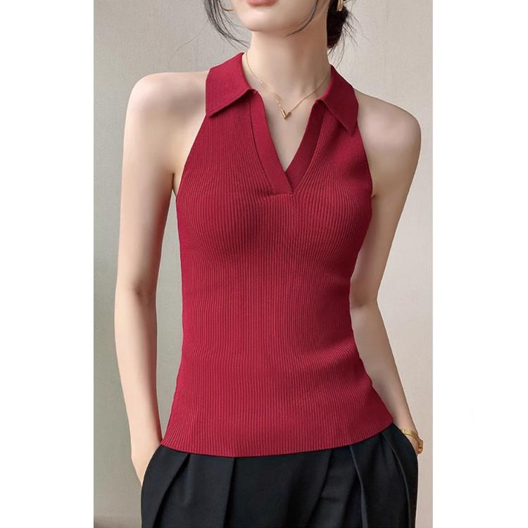 Western Style Slim Fit Fashionable Temperament Age Reducing French European Products Simple and Generous Thin POLO Collar Knitted Vest for Women