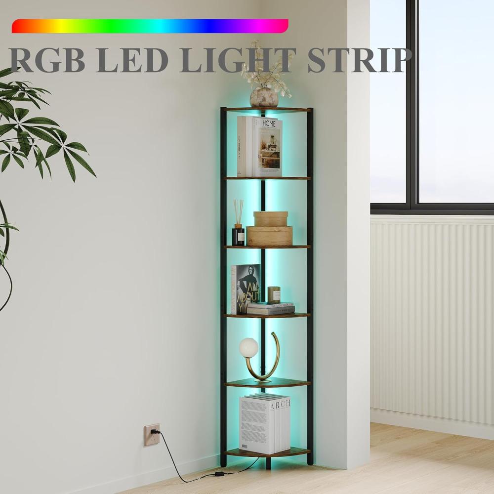 6 Tier Corner Shelf with Light, 65.3" Tall LED Corner Shelves, Corner Shelves Standing with Metal Frame, Corner Bookshelf