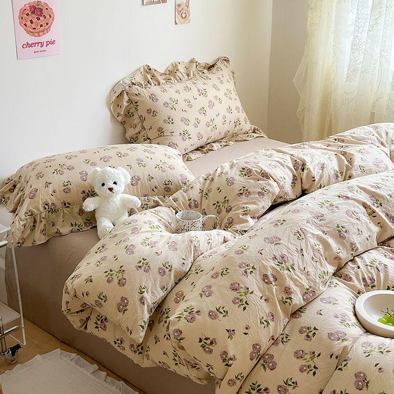 Ins Girl Bedding Set Heart Cherry Duvet Set With Double Layer Yann Pink Four PIECE Set Simple Washing Cotton Bed Sheet Bed Sheet