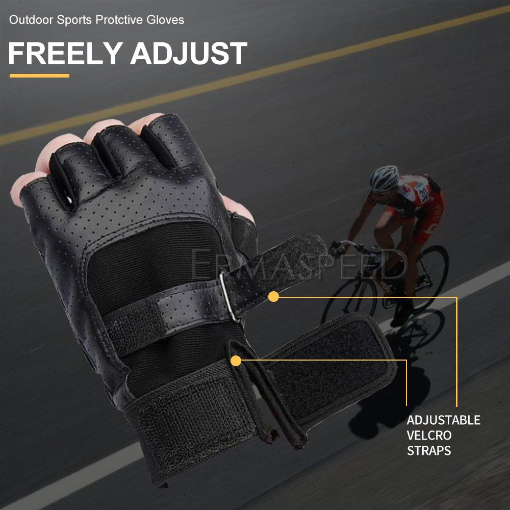 Sarung tangan sepeda motor tanpa jari, sarung tangan setengah jari hitam bahan kulit PU bernapas musim