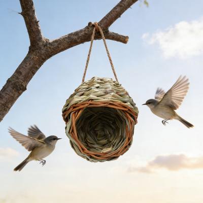 Handwoven Hanging Bird House Natural Reed Bird Hut Hanging Bird Nest House for Parrots Cockatiels Garden Yard Patio Terrace Indoor Decor