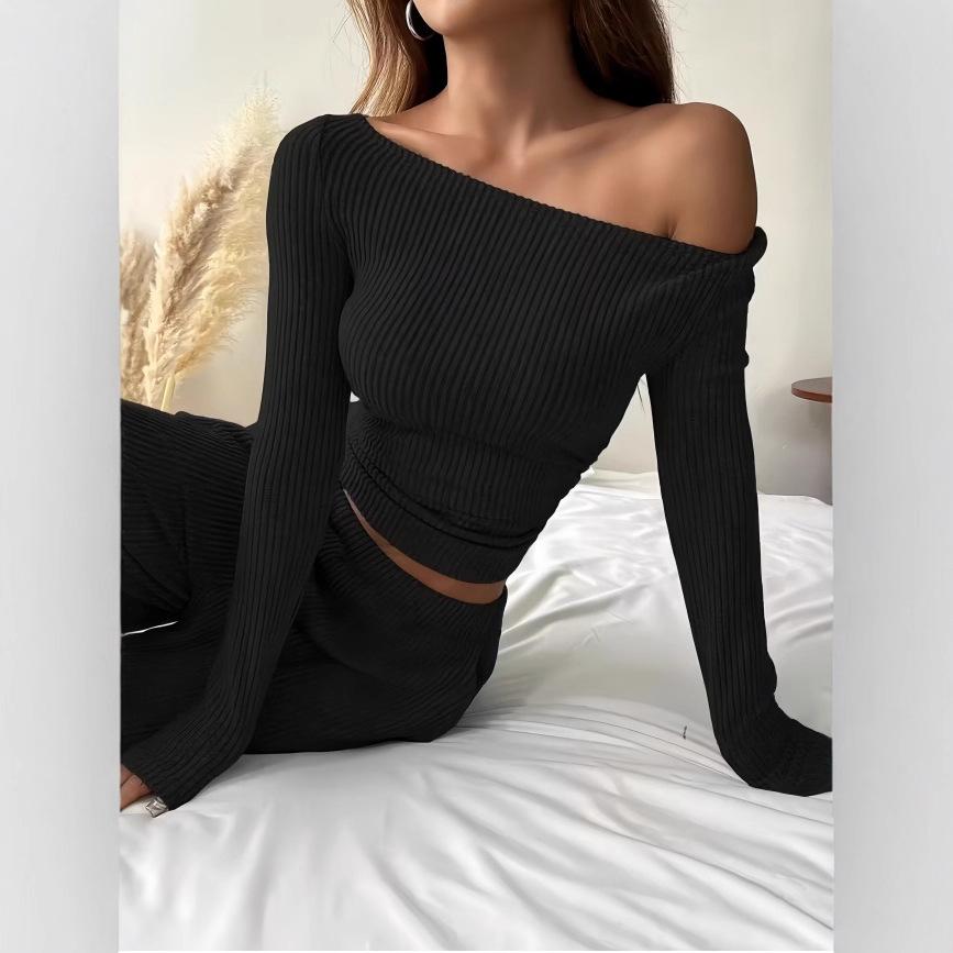 Set Casual la Modă pentru Femei Toamnă și Iarnă: Set din două piese: Top scurt cu mâneci lungi și pantaloni lungi