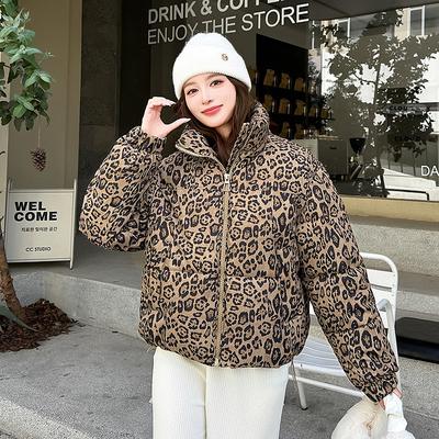 Women's Short Leopard Print Stand Collar Winter Jacket