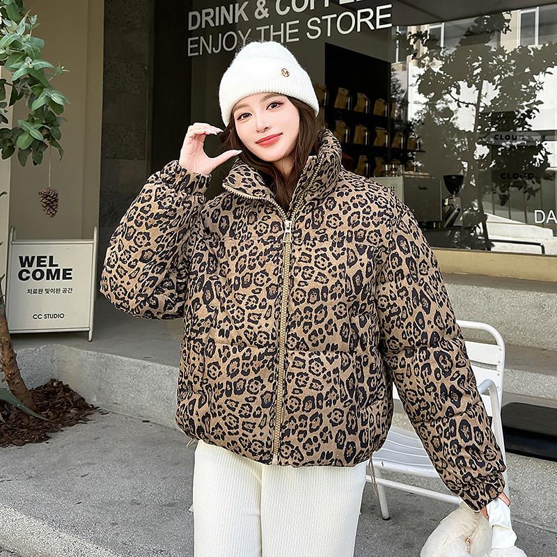 Women's Short Leopard Print Stand Collar Winter Jacket