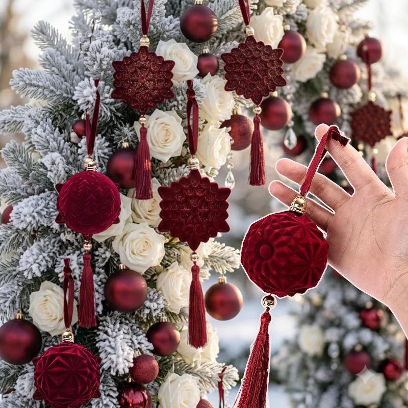 Flocked Christmas Ball Ornaments with Long Tassels Christmas Tree Ornaments Balls New Year Gift Home Party Decoration Supplies