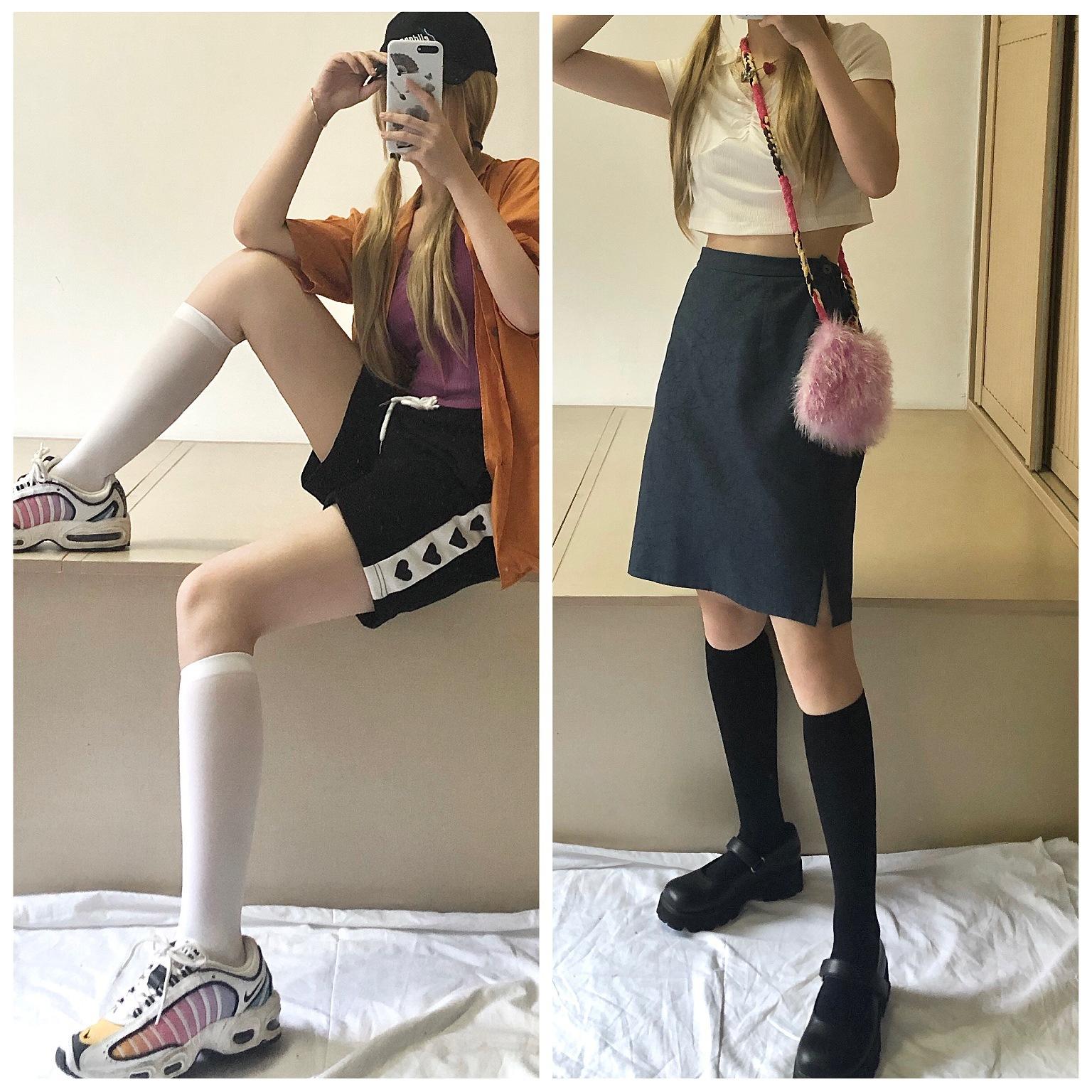 Black and white velvet jk Thin mid-calf uniform socks Lolita Japanese-style student women s calf socks Medium-short32cm Left and чёрный