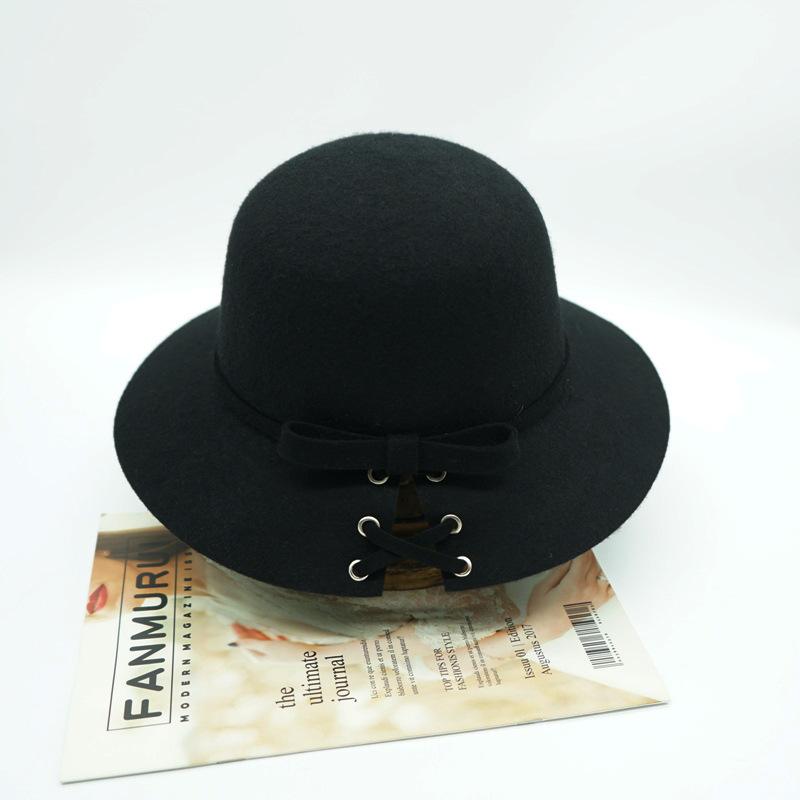 Black And White Contrasting Color Bow Small Fresh Hepburn Black Woolen Basin Hat Women'S Autumn And Winter French Retro Fisherman Top Hat