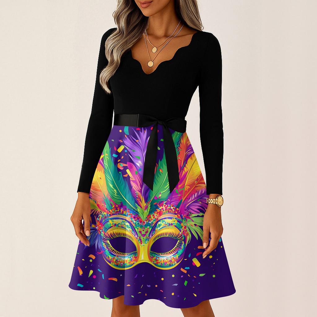 Women's Casual Fashion V Neck Long Sleeve Printed Vintage Long Dress