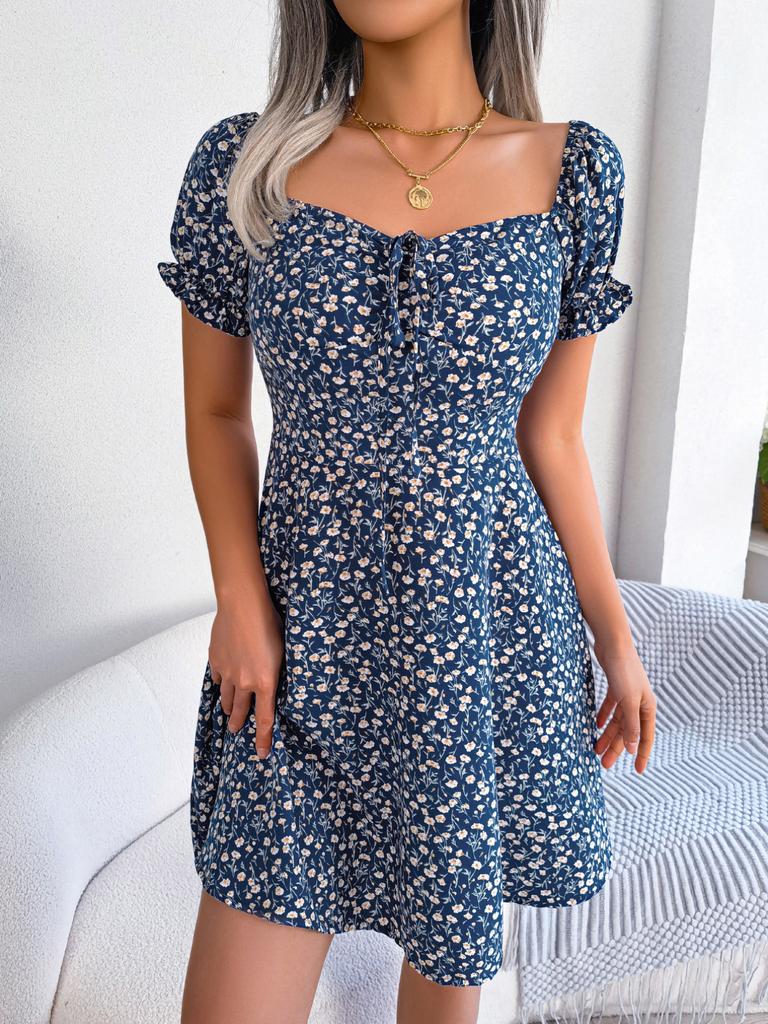 Casual Floral Print High Waist Square Neck Flared Sleeve Midi A Line Dress For Women