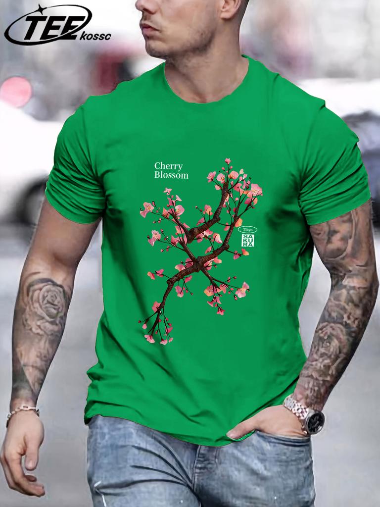 Beautiful Cherry Blossoms Printing Retro TShirt Mens Loose Cotton Tee Shirts Trendy Summer Clothing Unisex AllMatch Streetwear