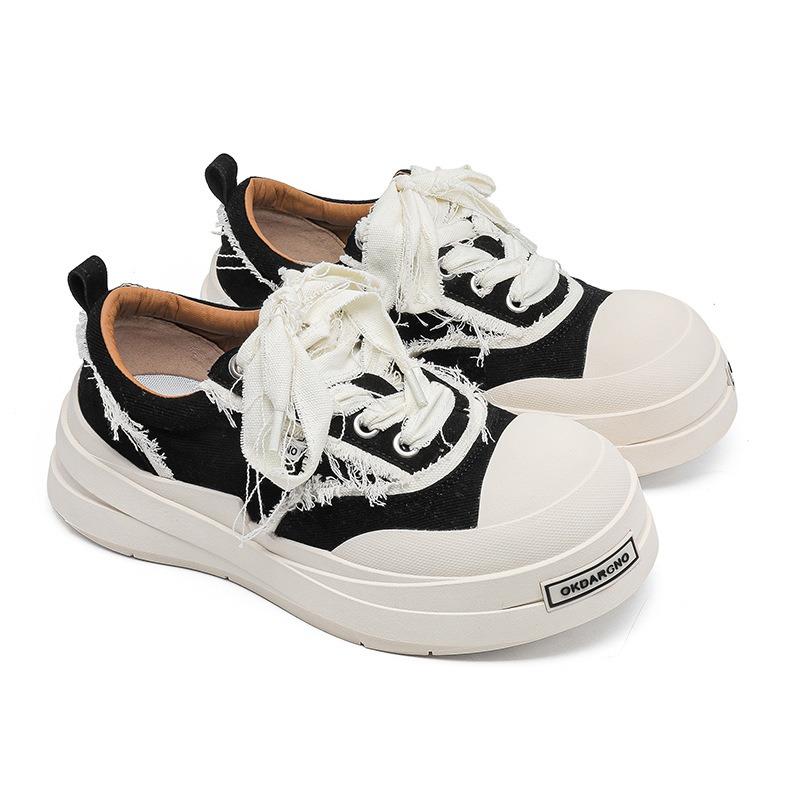 2518 Bandage Canvas Shoes Black and White Couple Big Head Shoes Guochao Platform Men's Shoes Trend Versatile Heightening Board Shoes