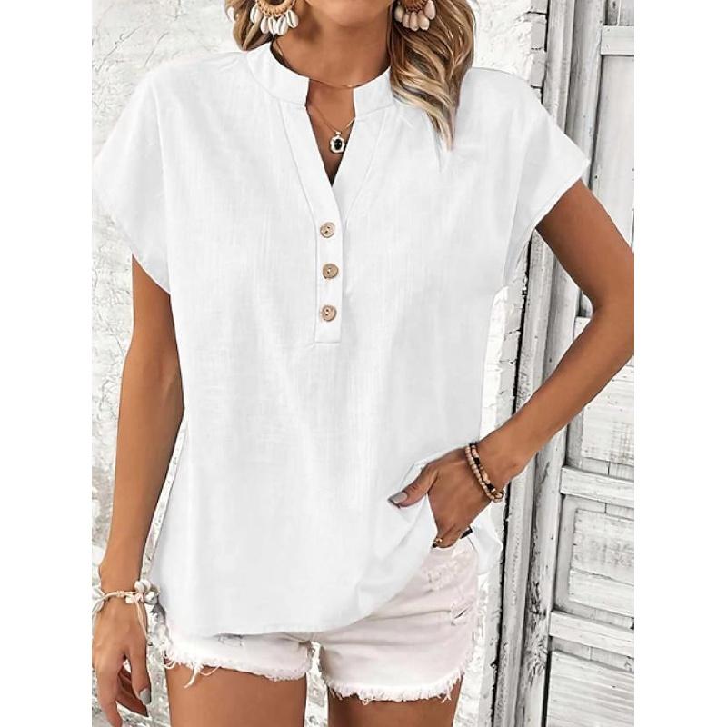 T-shirt da donna estiva 2026 nuova, elegante, casual, con bottoni finti, tinta unita, scollo a V
