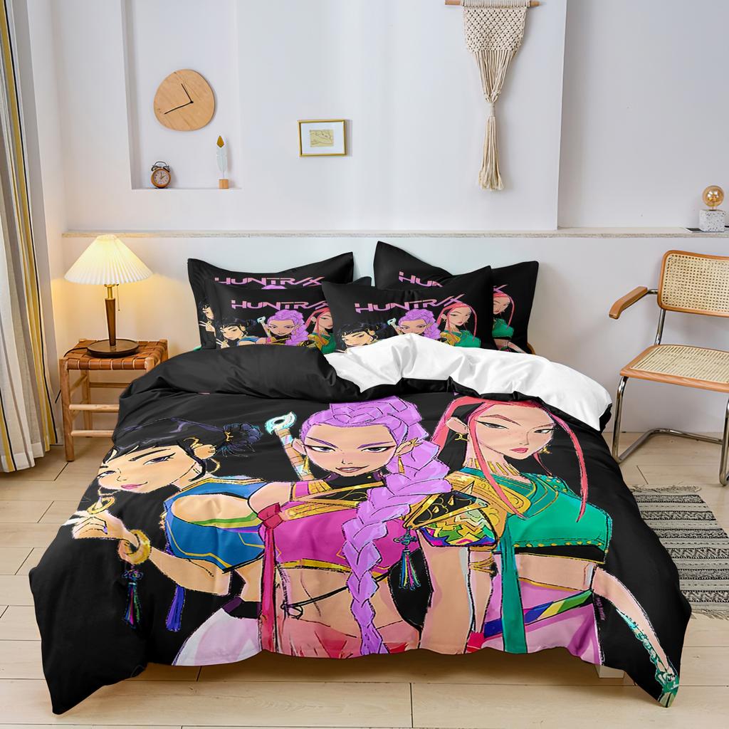 K-Pop Bedding Set Demon Hunters Themed Pink or Black Other Side Print Polyester Student Dormitory Duvet Cover Boys Girls Gift