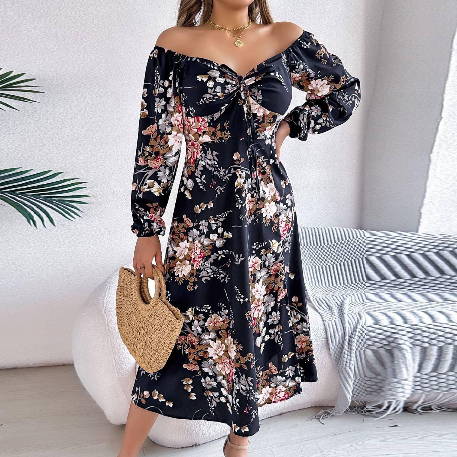 

Женское модное платье-трапеция с цветочным принтом и длинными рукавами, платье-пуловер с квадратным вырезом и завязкой S чёрный