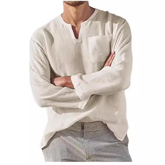 Fashion Men's Long Sleeve V-Neck Casual Beach Linen Shirt Men's Tops