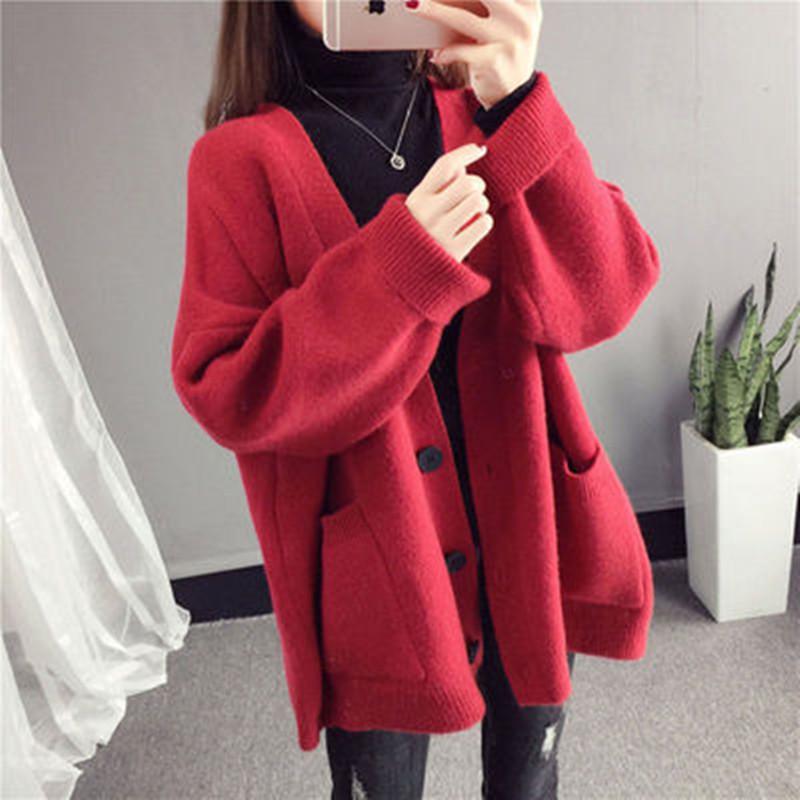 College Lazy Loose Candy Color V-Neck Knitted Cardigan Spring and Autumn Pocket Sweater Jacket Women