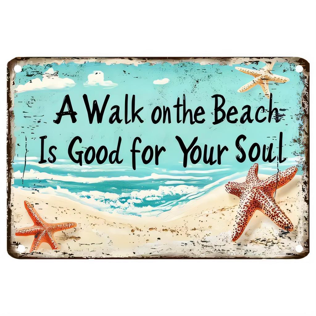 Blechschild Ein Spaziergang am Strand ist gut für die Seele Vintage Küsten Metall Wandplakette für Strandhaus Dekoration Seestern Meeresküste