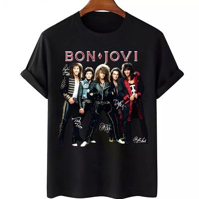 Bon Jovi Band Signature Members Black Cotton T Shirt Full Size S-5XL Unisex T-Shirt