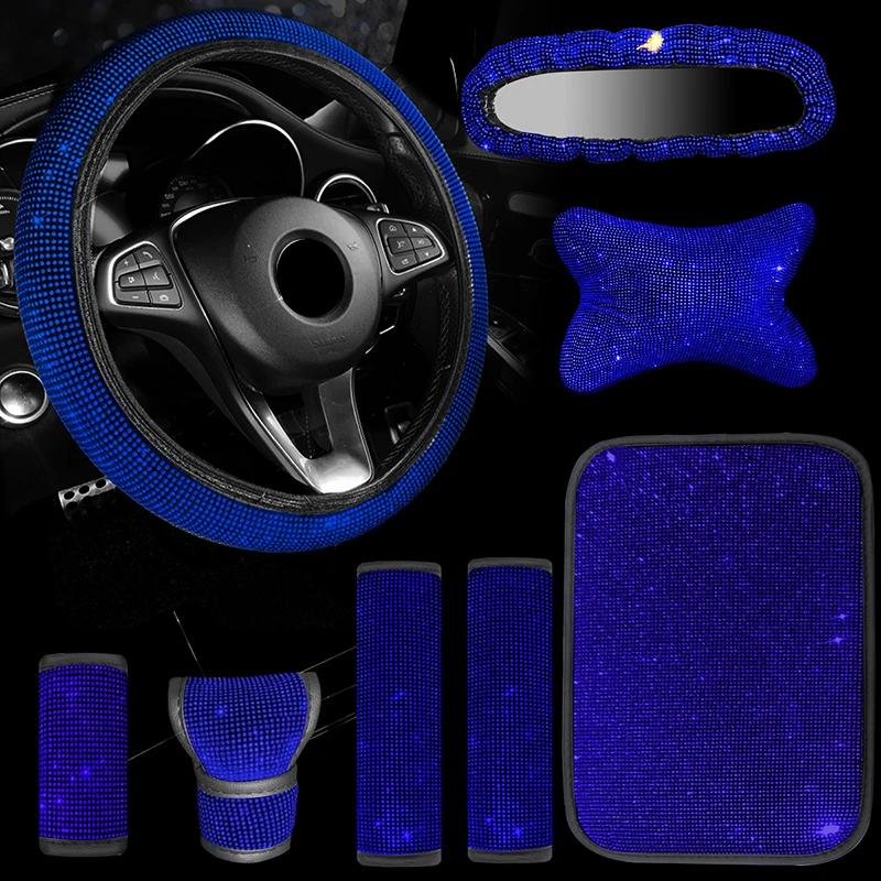 8Pcs Women Car Steering Wheel Cover Armrest Mat Seat Belt Gear Shift Pull Rearview Mirror Cover Headrest Car Accessories Set