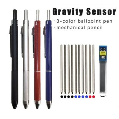4 in 1 Multifunktionsstift aus Metall mit Schwerkraftsensor für Schüler, 3 Farben, Kugelschreiber, Druckbleistift-Set, Gelstift, Unterschriftenstift