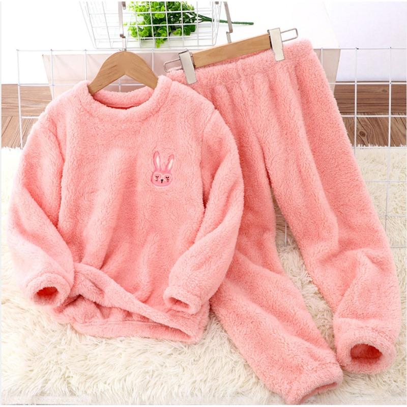 Unisex Kids Fleece Pajama Set Cartoon Embroidery Long Sleeve Top And Pants Warm Fluffy Sleepwear Set
