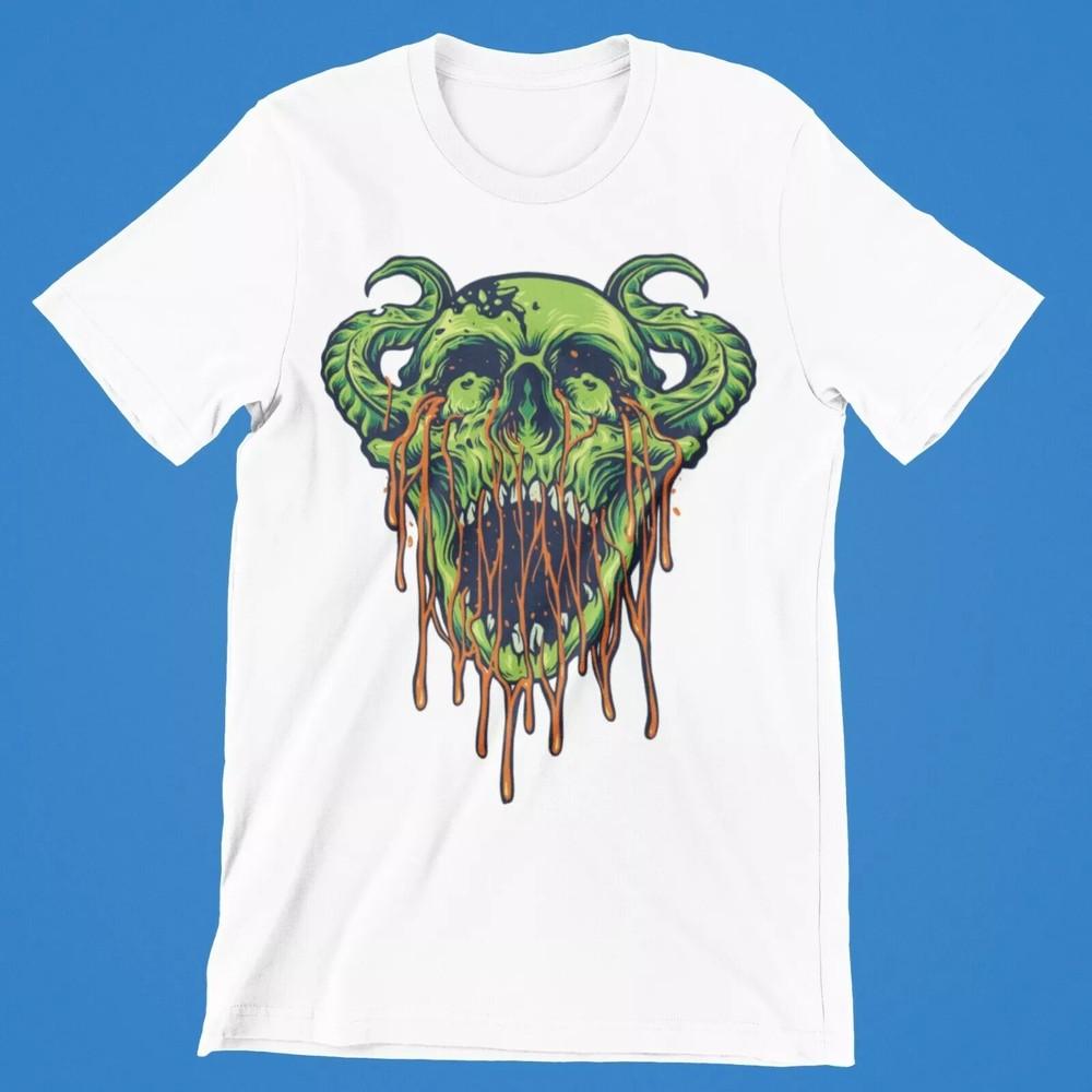 

Skull green Halloween T-Shirt Retro Cool Gift Tee Horror Cartoon 80s UK Unisex T-Shirt XXXXL